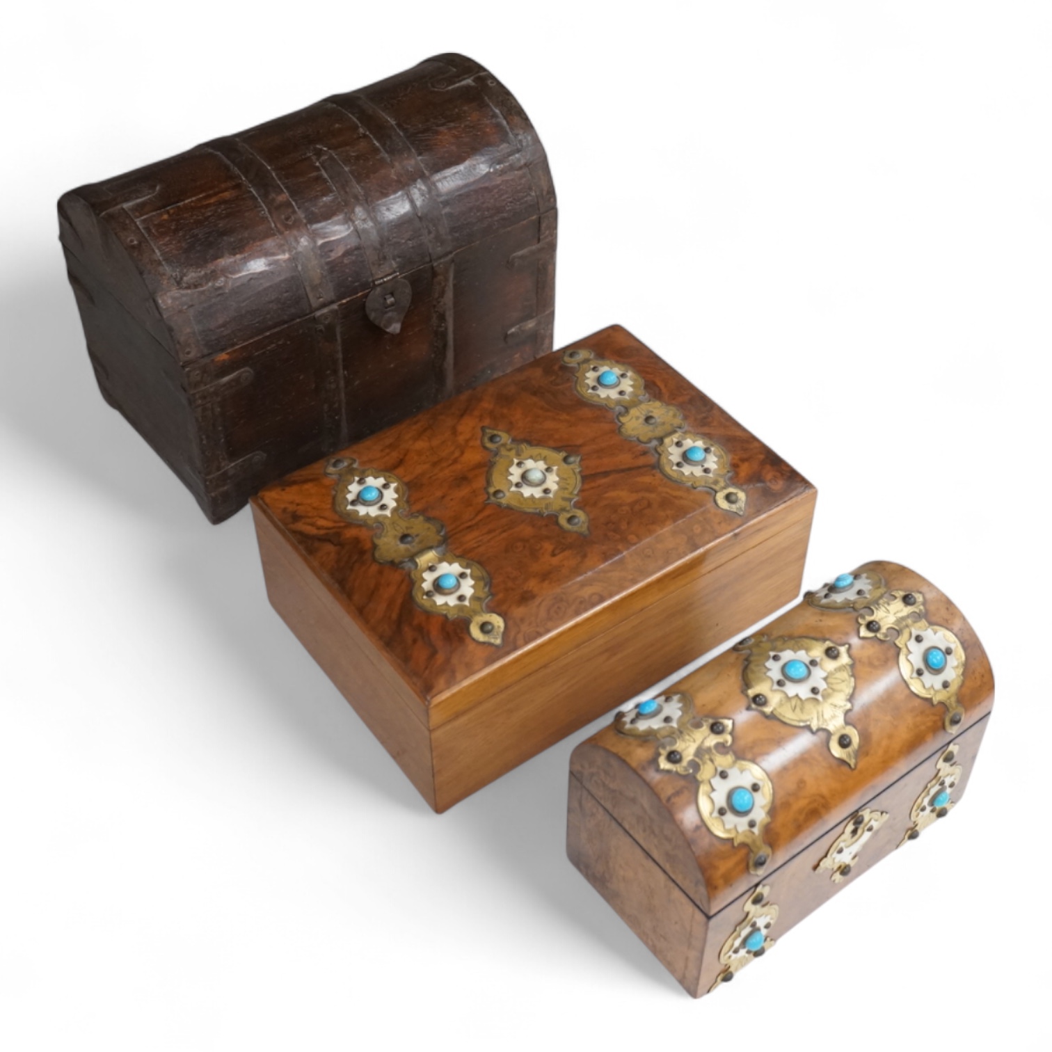 Two 19th century ivory and turquoise glass overlaid burr walnut boxes and an Indo colonial wrought iron mounted miniature chest, 28cm wide CITES Submission reference, T14WQFY5